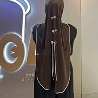 Hijab instantané en mousseline avec nœud, strass et pompon, bordure perlée, pour femmes musulmanes, style modeste islamique