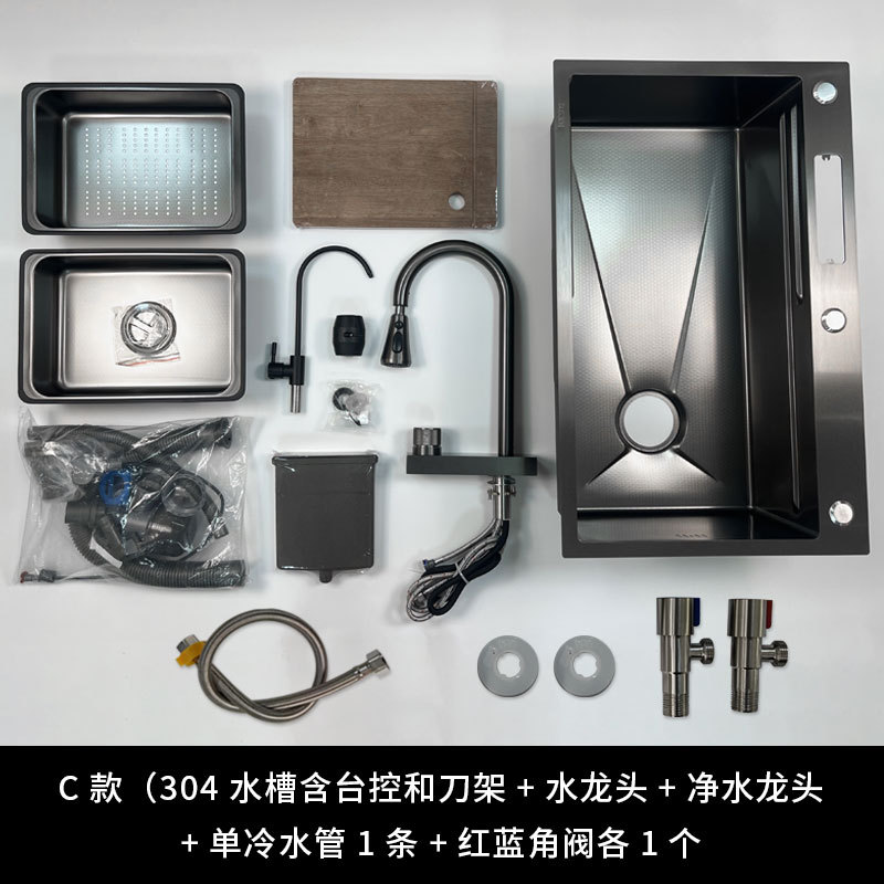 Option C (évier en acier inoxydable 304 incluant commande de comptoir, porte-couteaux, robinet et robinet pour purificateur d'eau)
