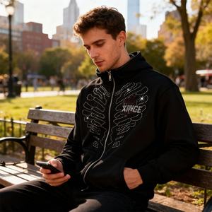 Sudadera con capucha y cremallera completa unisex personalizada 2025 con pedrería, estilo urbano, estampado gráfico de calavera con pedrería, sudadera oversize de corte holgado - Product Image 3