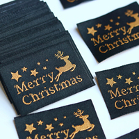 Étiquette tissée personnalisée en or avec motif de renne de Noël, étiquette de vêtement de Noël noire et dorée pour manteaux
