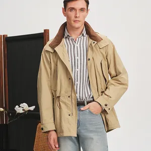 2023 New custom business casual retro khaki jacket solid color loose detachable hat zipper men's jackets