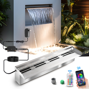 Fontana a Cascata Rettangolare in Acciaio Inox 304 con LED per Piscina e Giardino, Design Moderno - Product Image 1
