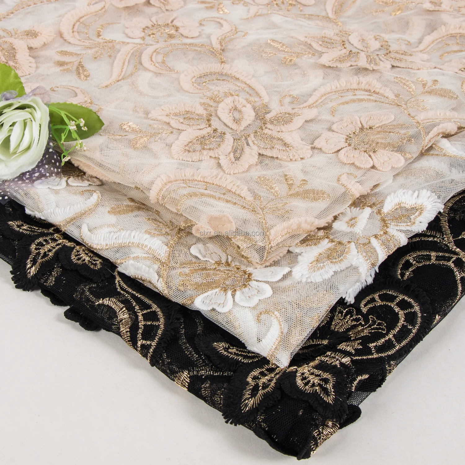İki tonlu işlemeli tül kumaş 100% Polyester dantel jakarlı Net tül nakış 3d çiçekli dantel kumaş
