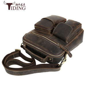 Bolso bandolera para hombre Tiding, de cuero marrón oscuro, con bolsillos con cremallera para uso diario. - Product Image 4