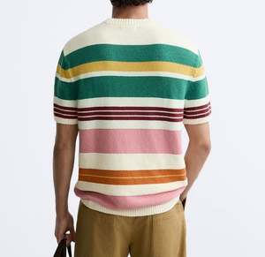 Camiseta de punto de algodón informal de moda personalizada Camisa de punto de manga corta de punto intercolor a rayas para hombre - Product Image 2