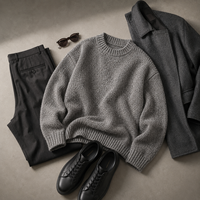 Pull tricoté épais pour homme, coupe ample, col rond, mélange de laine, style décontracté, côtelé