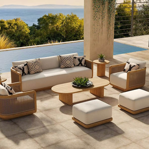 Ensemble de canapé d'extérieur en teck massif avec ottoman et table basse, mobilier de patio résistant aux intempéries pour jardin et cour - Product Image 1