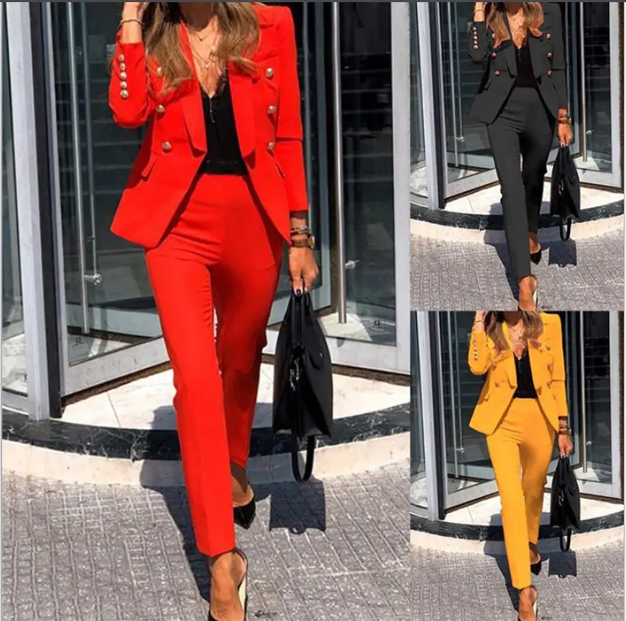 2022 Plus Size Long Sleeve Women's Suit Set Button Solid Color Business Pants Blazer Office Career Wear Women's Suits Tuxedo