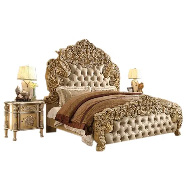 Ensemble de meuble de chambre à coucher Royal, cadre de lit luxueux, sculpté, style Baroque, luxueux, taille King, Rococo Antique