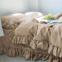 Ensemble de literie à volants de 3, housse de couette à volants en lin et deux taies d'oreiller de 100% bio, ensemble de literie Queen King Twin XL toutes tailles