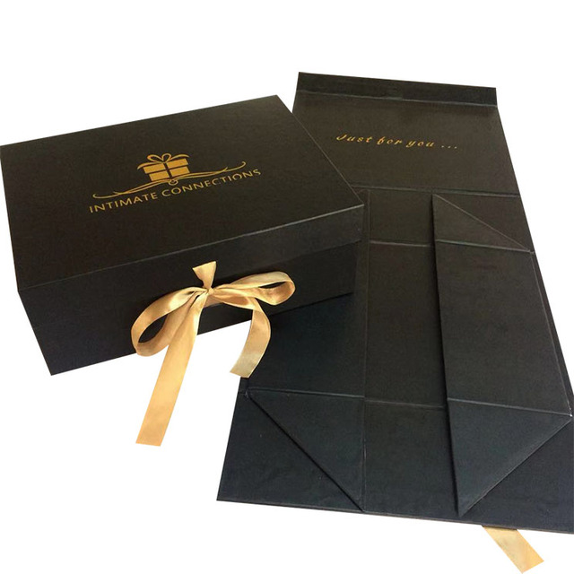 Luxury Black  Flap Lid Packaging Rigid Cardboard Custom Folding Boxes Magnetic Closure Gift Box With Gold Ribbon