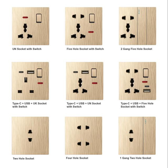 Customized 220V 16A Gold British Standard Brushed Plug Power Socket Multi Plug Wall Switch Neon Outlet Rated Current 10A 13A