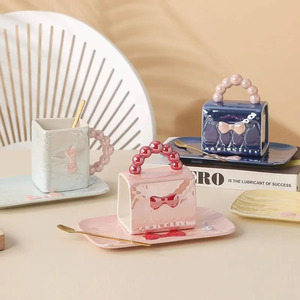Creative Pearl Glaze Bag Ceramic Coffee Mug and Saucer Set Personality Girl Heart Gift Water Cup