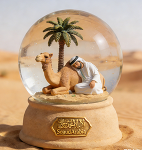 Souvenir Turistici dell'Arabia Saudita in Resina Personalizzata, Globo di Neve con Figure di Cammello Dromedario, Orso Arabo, Falco e Palma da Dattero - Product Image 4