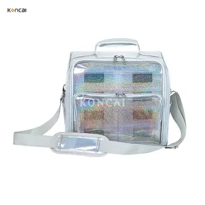 KONCAI Glitter PVC Makeup Brush Bag Dual Zippers PVC Storage Bag With 8pcs Removable Plastic Drawer Easy Clean Cosmetics Organizer Bag