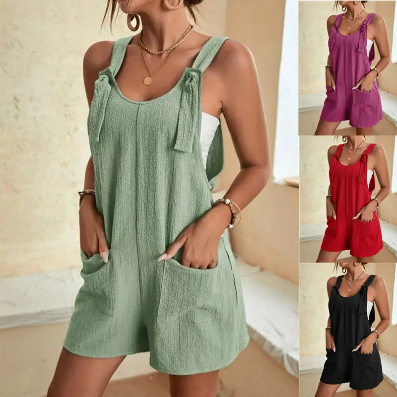 Women Casual Summer Rompers Overalls Tie Knot Strap Shorts Jumpsuit with Pockets