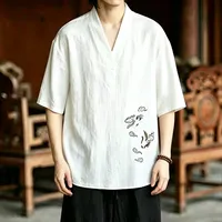 T-shirt ample pour homme, col en V, broderie grue, mélange coton-lin, tenue décontractée