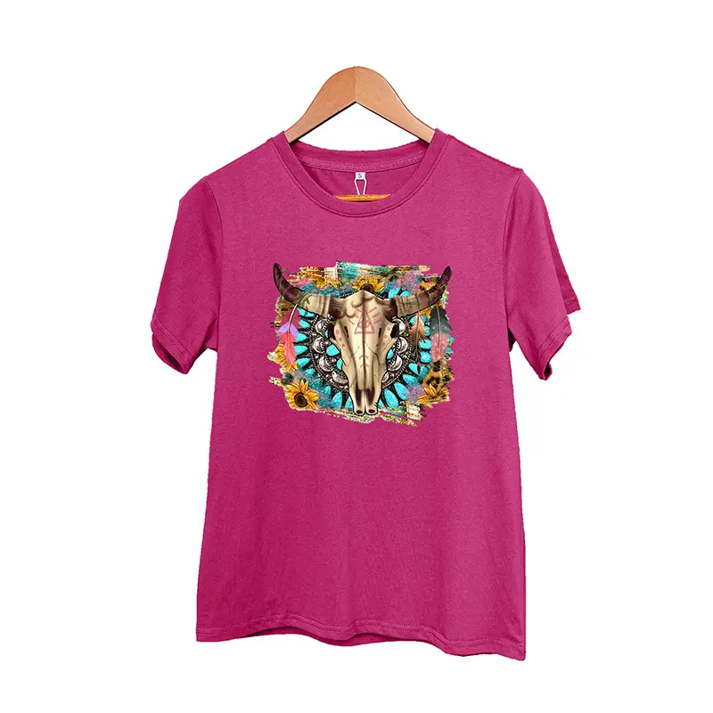 Ready To Ship Wholesale Cowgirl Shirts For Women Bull Skull Horseshoe Western T-shirts Casual Short Sleeves Graphic Tees Top