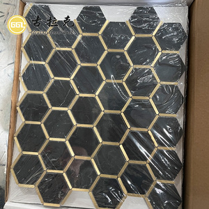 Goodluck Đá Chất Lượng Cao Vinh Quang Màu Đen Mix Vàng Brass Viền Đá Cẩm Thạch Hình Lục Giác Khảm Gạch Tường Sàn Backsplash Phòng Trang Trí Nội Thất - Product Image 2