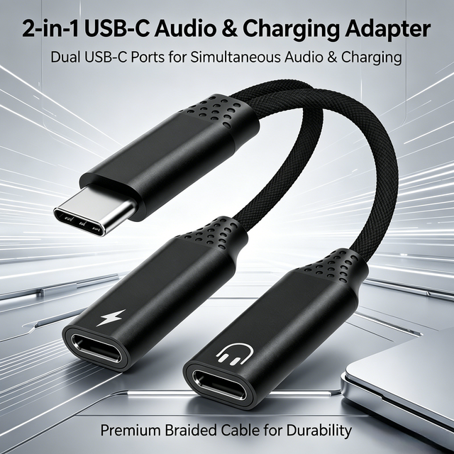2-in-1 Type C Splitter Audio Adapter Cable Game&Music While Fast Charging PD 60W Connector Support Calling Data for USB C Device