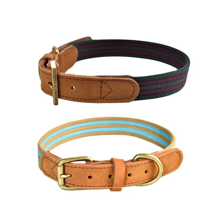 Premium Leather Nylon Adjustable Dog Collar Travel Sustainable Fashion Pet Accessories Luxury Leather Dog Collars Striped S;M;L