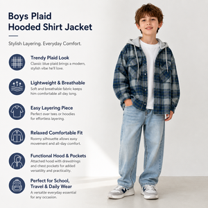 Chemise-veste à carreaux à capuche pour garçons 2026, en mélange de coton, décontractée, boutonnée, pour enfants et adolescents, style shacket, vêtement d'extérieur superposé - Product Image 5