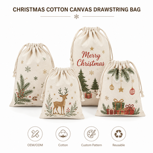 Sac en toile à cordon de serrage en <span class=keywords><strong>coton</strong></span>, motif écossais et rennes, taille personnalisée OEM/ODM, pour emballage cadeau de Noël et souvenirs de fêtes - Product Image 1