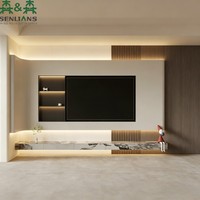 Mueble de TV de Pared Curvo SLS con Consola Flotante de Mármol, Detalles de Madera Acanalada, Nicho LED y Almacenamiento Oculto