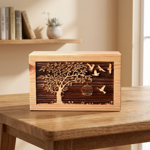 Urne funéraire rectangulaire en bois faite à la main avec motif d'arbre et d'oiseaux pour commémorer les oiseaux - Product Image 4