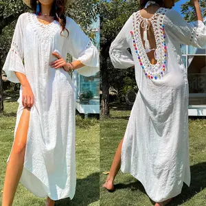 Распродажа, свободное Белое Прозрачное платье с разрезом, Пляжная блузка для отпуска, Повседневное платье макси в стиле бохо