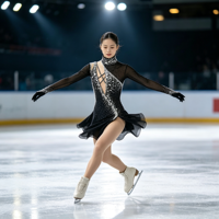 Robe de patinage artistique noire avec strass argentés et maille à manches longues pour enfants et adultes – Tenue de performance pour compétition sur glace