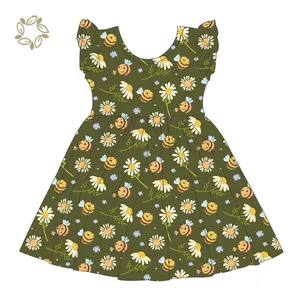 Mùa Hè Trẻ Em Ăn Mặc Hữu Cơ Tre Dresses Cho Cô Gái Tùy Chỉnh In Kid Váy Ruffle Tay Áo Twirl Ăn Mặc Bền Vững Trẻ Em Quần Áo