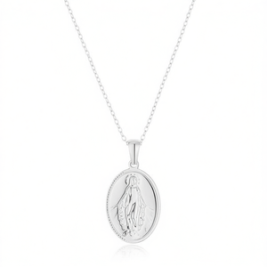 Collar con colgante religioso Amy Amy, medalla cristiana ovalada plateada, regalo diario para mujer, cadena con caja de joyería C3109 - Product Image 3