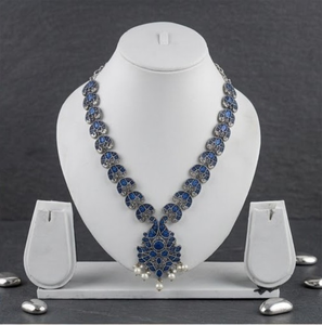 Traditional Royal <b>Blue</b> Floral Motif Custom Classic Oxydized Silver <b>Necklace</b> Earring Set Women Ethnic Statement Anniversary - Product Image 1