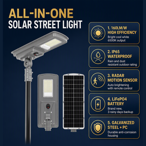 Lampione Solare All-in-One 160LM/W con Sensore di Movimento, Batteria LiFePO4, Illuminazione LED Esterna 6500K - Product Image 2