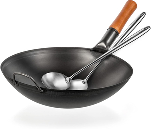 Sartén Wok <span class=keywords><strong>de</strong></span> acero al carbono Premium <span class=keywords><strong>de</strong></span> 17 "presazonada con espátula y cucharón - Product Image 1