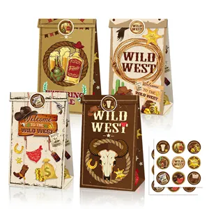 LB159 Cowboy Party Favor Bags Goody Candy Treat Bags Gift Paper Bag with Stickers for Kids Birthday Wild West Party Supplies