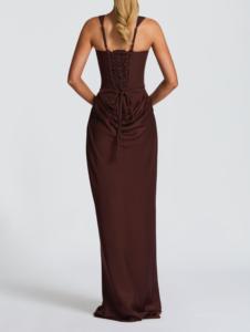 Robe longue de soirée chic pour femme T-1548, col carré, bretelles ajustables, dos nu, sexy, superposée, plissée, pour fête - Product Image 2