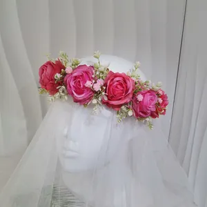 Diadema elegante para fiesta hawaiana, corona de flores de rosas grandes, corona de cabeza de flor, diademas de boda bohemias, tiaras, guirnalda Floral