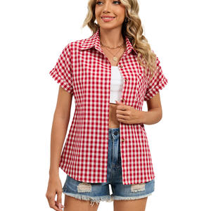 Camisa de mujer de verano 2026, informal, sencilla, a cuadros, con cuello y bolsillo, de manga corta, estilo temperamental para el día a día, con botones y microelástica. - Product Image 2