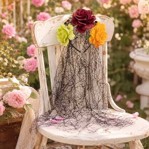 Serre-tête floral multi-tons frais rouge, orange, vert, rose, avec voile et <span class=keywords><strong>couronne</strong></span> de <span class=keywords><strong>cheveux</strong></span> en maille d'araignée - Product Image 3