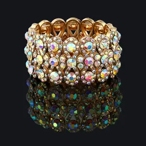 Fashion Mewah Kualitas Tinggi Paduan Emas Plating Penuh Kristal Berlian Imitasi Peregangan Wanita Gelang Perhiasan Pengantin