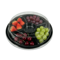 Plateau de service rond noir en PET de qualité alimentaire pour noix et fruits secs, boîte à compartiments, plateau à bonbons en plastique à 5 compartiments avec couvercle transparent