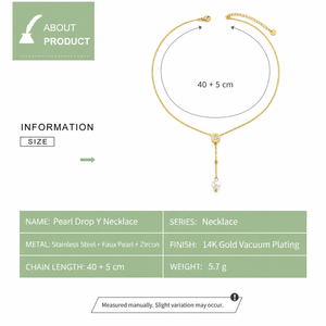 Pearl Drop Y Necklace 14K <b>Gold</b> Vacuum Plated Faux Pearl and Zircon Delicate Lariat Style Link Chain - Product Image 2