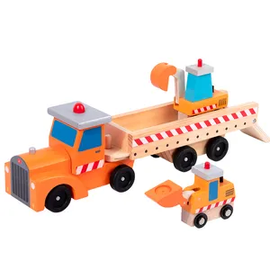 Conjunto de brinquedos de caminhão de madeira com caminhão grande, pá pequena, caminhão e escavadeira, cores brilhantes, transportador de veículos para canteiro de obras em madeira