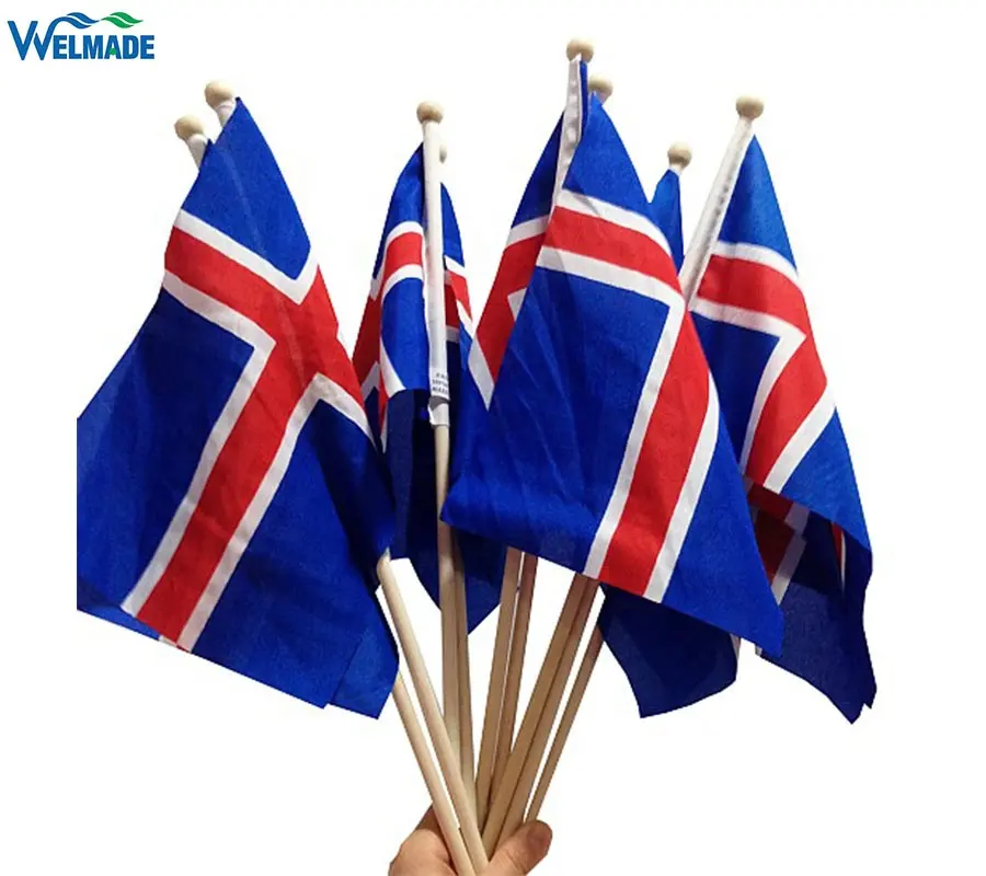 Factory price Print Iceland country flag hand hold flag with wood stick