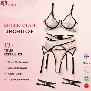 Ensemble de lingerie néon en dentelle pour femme, soutien-gorge en maille, culotte et <span class=keywords><strong>porte</strong></span>-jarretelles, sous-vêtements sexy à bretelles réglables - Product Image 1