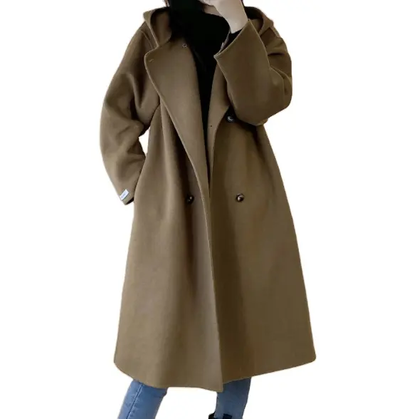 Vente en gros de haute qualité automne hiver 2023 nouveau style élégant manteau décontracté marron mi-long chaud manteau en laine pour femmes