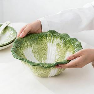 Ceramic Flower Deep Bowl Pure <b>Green</b> Creative Cabbage Relief Tableware Ceramic Bowl - Product Image 5
