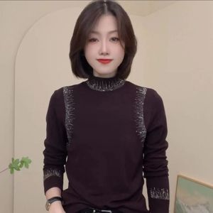 Women's High Neck Long Sleeve Sweater With Rhinestone Embellishments Solid Color Fashionable Base Layer Autumn Winter Style - Product Image 1